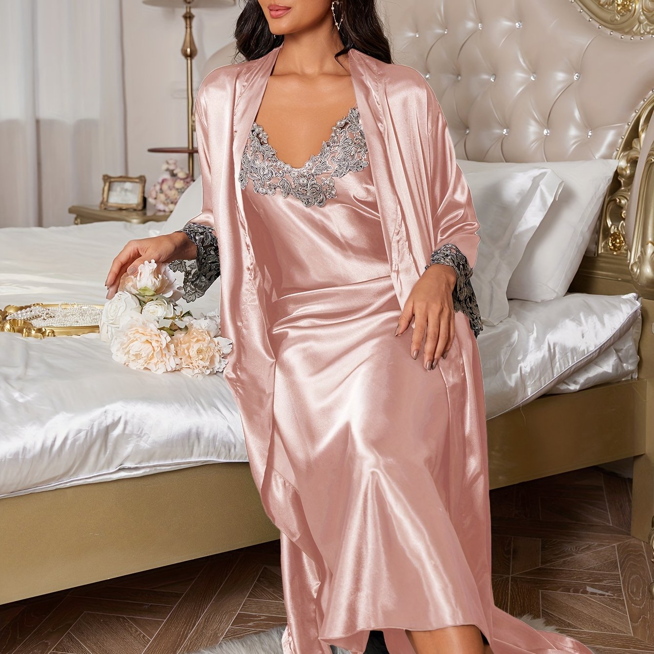 MAISON SATIN LACE ROBE SET