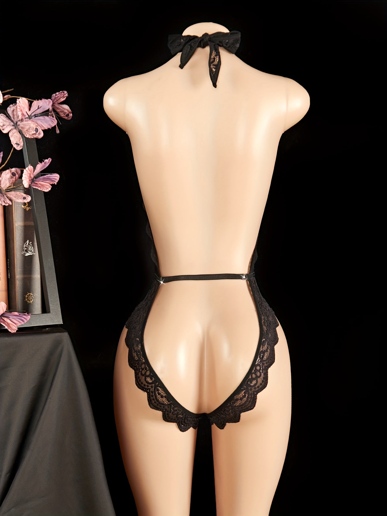 VÉDA BLACK FLORAL HALTER BODYSUIT